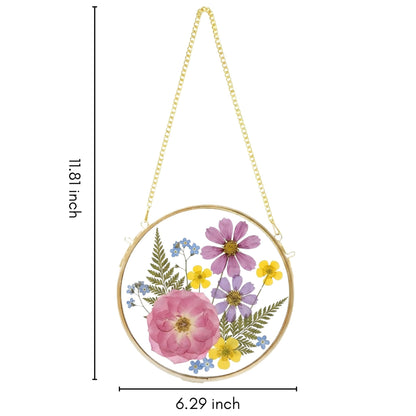 Beedecor Round Pressed Flower Glass Frame with Hanging Chain – Real Dried Flowers Arranged in Crescent Shape | Double Glass Floating Frame Wall Décor | Boho Home & Gift Decoration