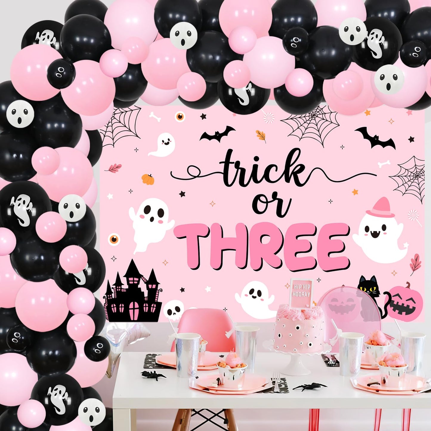 84Pcs Trick or Three Theme Halloween 3rd Birthday Party Decorations Pink Black Balloon Garland Arch Kit Number 3 Foil Balloon 3D Bat Wall Stickers for Girls Halloween Three Birthday Party Decor Favors