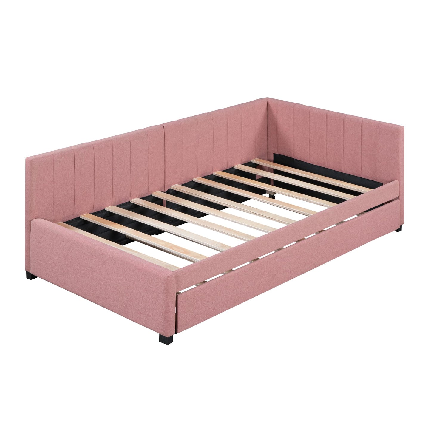 Brisca Upholstered Linen Daybed with Trundle,Twin Size Sofa Bed Frame W/Wooden Slats,for Bedroom,Apartment,Studio,Pink