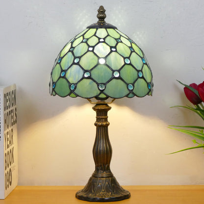 WFAYNTIFL Small Tiffany Lamp Mini Stained Glass Table Lamp Sea Blue Pearl Style Bedside Accent Lamp Memory Sympathy 8X14.5 Inch