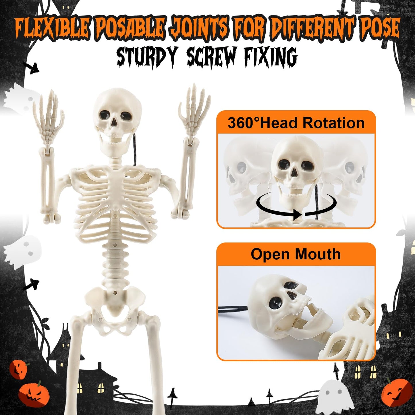 Jeowoqao Skeleton Halloween Decorations, 5Pcs 16inch Full Body Posable Joints Small Skeleton Hanging Skeleton Decor for Halloween Indoor Outdoor Graveyard Haunted House