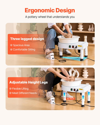 VEVOR Pottery Wheel for Adults, 11in/28cm Ceramic Wheel Forming Machine, 0-6in Adjustable Lift Leg 350W Professional Pottery Kit with Foot Pedal Detachable Basin for Work Art Craft DIY, White