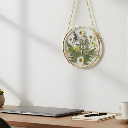 Beedecor Round Pressed Flower Glass Frame with Hanging Chain – Real Dried Flowers Arranged in Crescent Shape | Double Glass Floating Frame Wall Décor | Boho Home & Gift Decoration