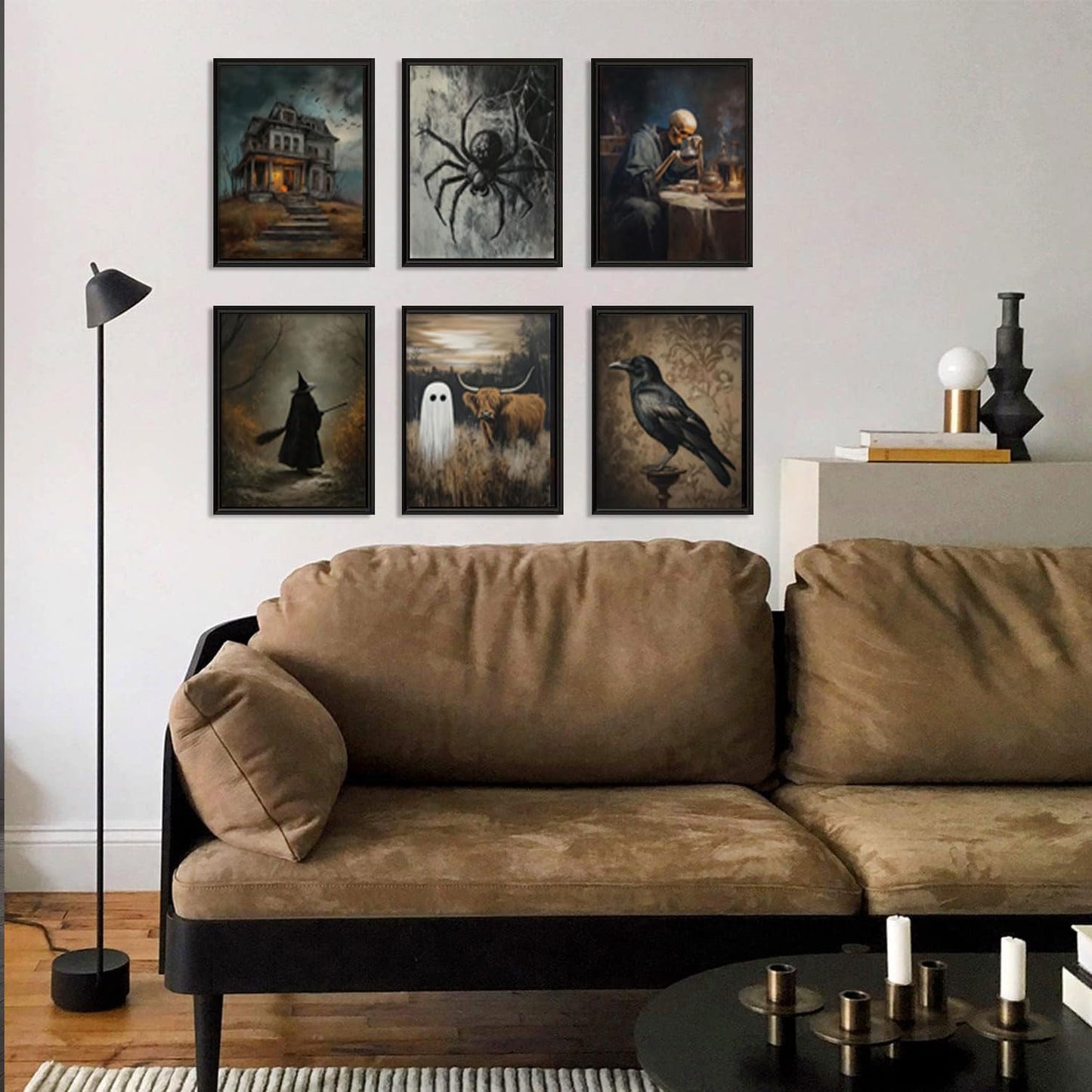 6Pcs Halloween Wall Art Creepy Dark Academia Wall Decor Pictures Ghost Wizard Skeletons Canvas Posters Prints for Gallery Living Room Bedroom Office Unframed