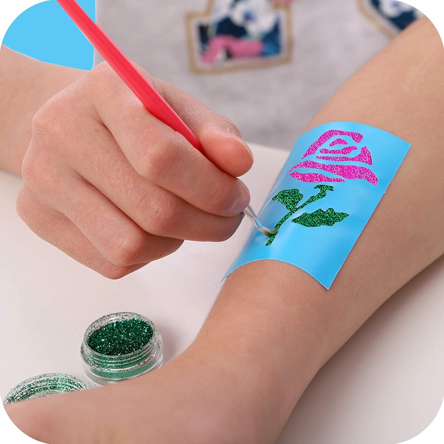 Original Stationery Glitter Tattoo Kit - 33-Piece Multicolor Set, Ages 3-8, 24 Stencils, 6 Color Pots, 2 Brushes & Adhesive - Glitter Tattoos for Kids & Sleepover Party Supplies, Birthday Gift