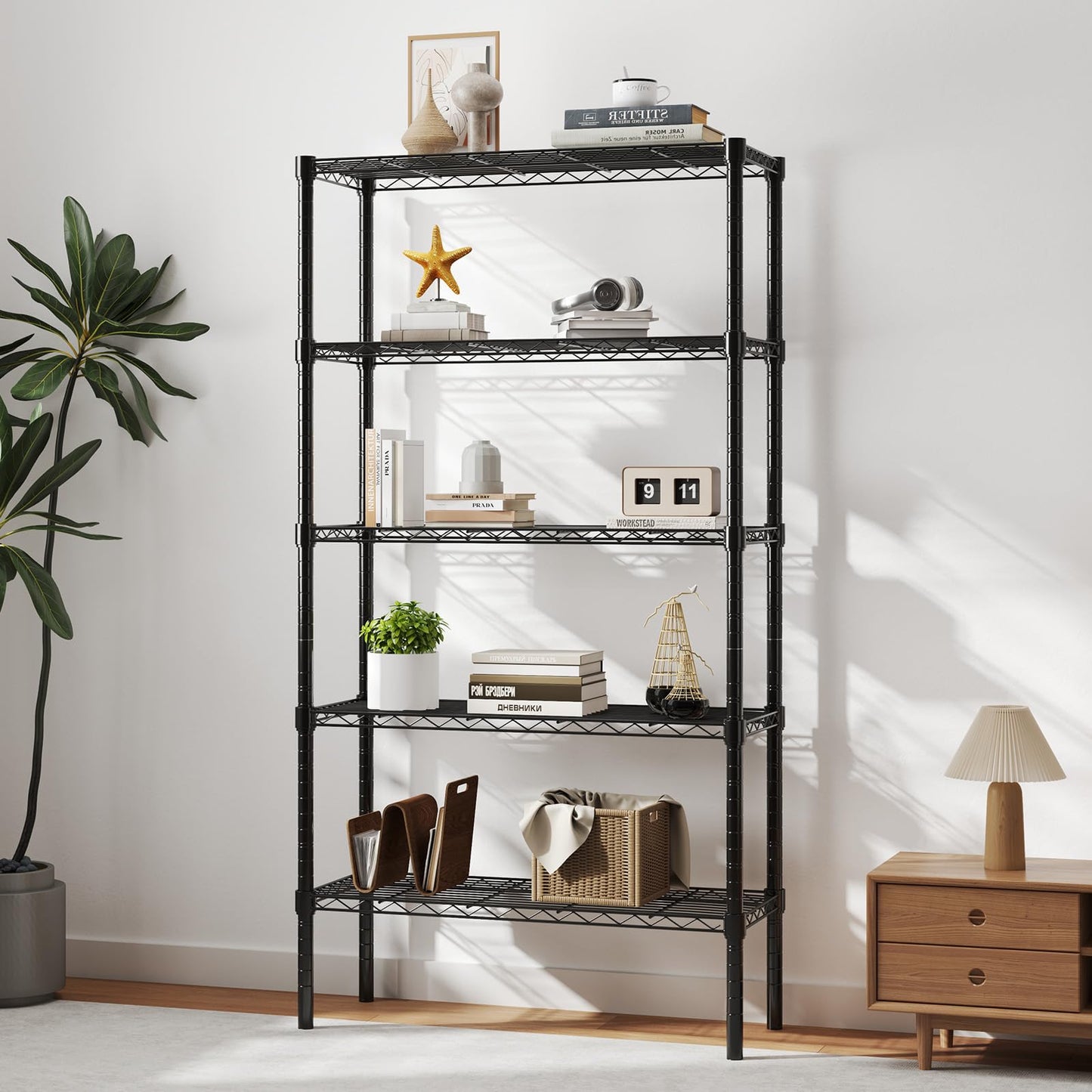 DUMOS 5 Tier Metal Wire Rack Shelf Heavy Duty Standing Shelves Adjustable Steel Closet Shelving Unit Organizers and Storage for Kitchen Bathroom Pantry Office, 13.78" D x 35.43" W x 69.29" H