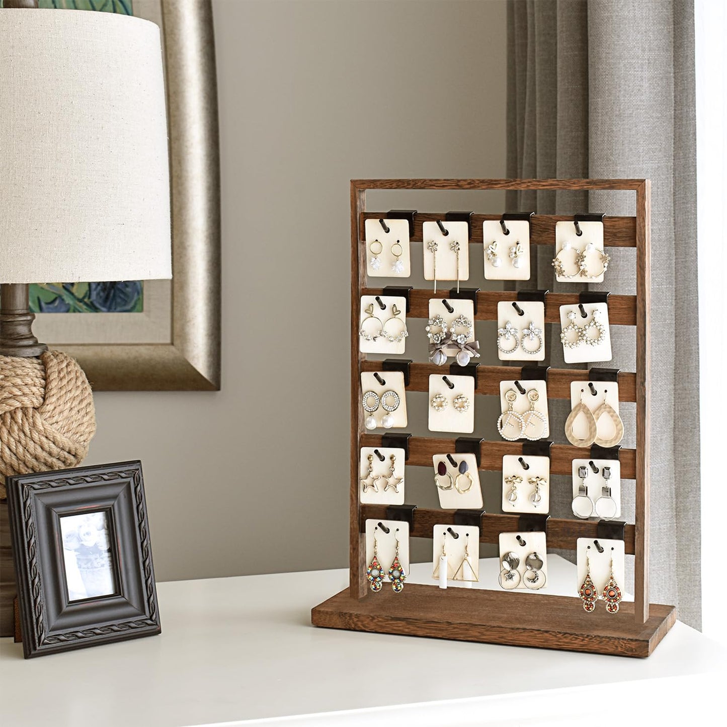 Ikee Design 5 Tiers Free Assemble Wooden Jewelry Display Rack with 20 Removable Metal Hooks,Earring Card Display Stand,Jewelry Organizer,Bracelet Organizer,Keychain Display Stand,Brown Color