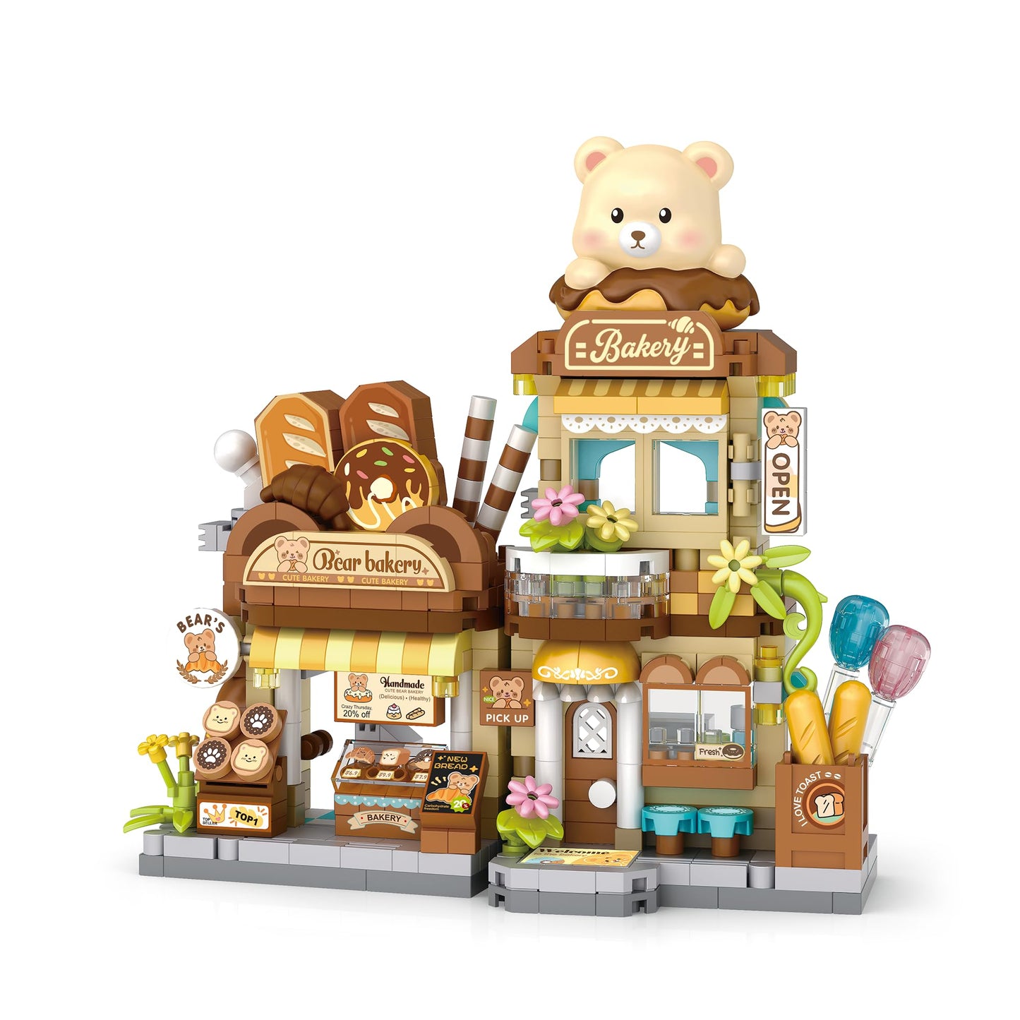 Bear Cub’s Bakery Shop City Street View Miniature House Mini Building Micro Blocks Toy Store Set for Home Decor Toys Birthday Gifts