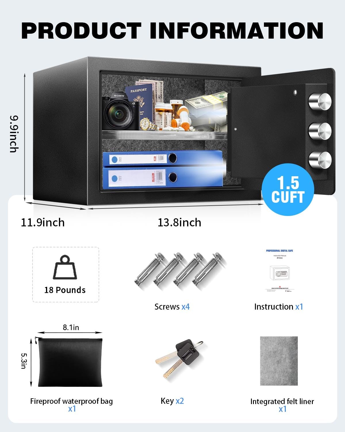 RETLLAS 1.5 Cu Ft Home Document Safe Box–Steel Electronic Digital Lock Box with External Battery Compartment & Backup Key, Letter-Size Fit, LED Light, Fusion-Bonded Needle-Felt Lining & Fireproof Bag