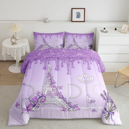 Castle Fairy Paris Comforter Set Twin Size,Eiffel Tower Bedding Set 2pcs for Kids Teens Girls Women Room Decor,Purple White Gradient Glitter Quilt Set Modern Romantic French Duvet Insert,1 Pillowcase