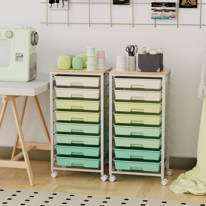 Rolling Storage Cart with 8 Drawers & Wooden Tabletop, Utility Cart On Wheels for Craft Storage, Home, School, Bedroom, Living Room, Dorm, Office, Classroom Storage Organizer Cart, Green, White