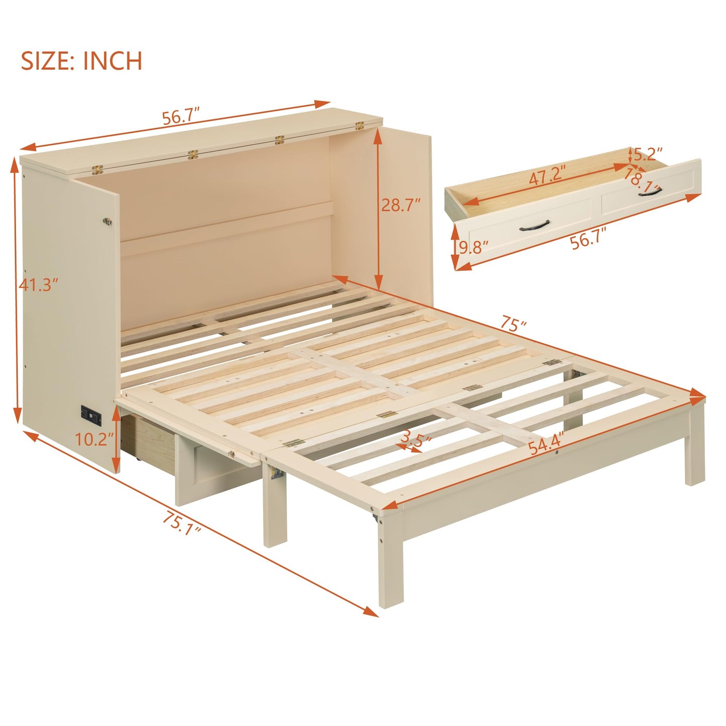 Merax Full Size Murphy Bed with Charging Station and Large Storage Drawer, Foldable Pull Out Murphy Chest Bed for Apartments, Bedrooms, Studio, No Spring Box Needed, Gold
