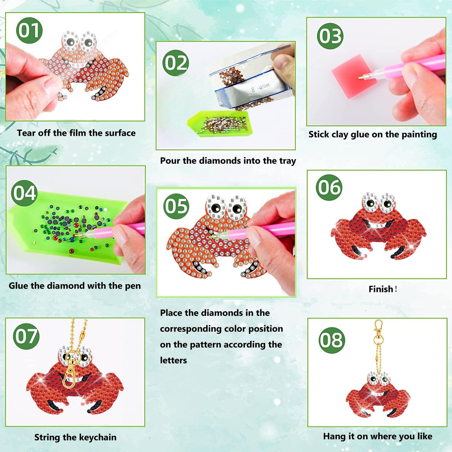 TSJ 12 Pack Diamond Painting Keychain DIY Double Side Diamond Art Kits for Kids Adults Ocean Animals 5D Diamond Key Ring DIY Diamond Ornaments