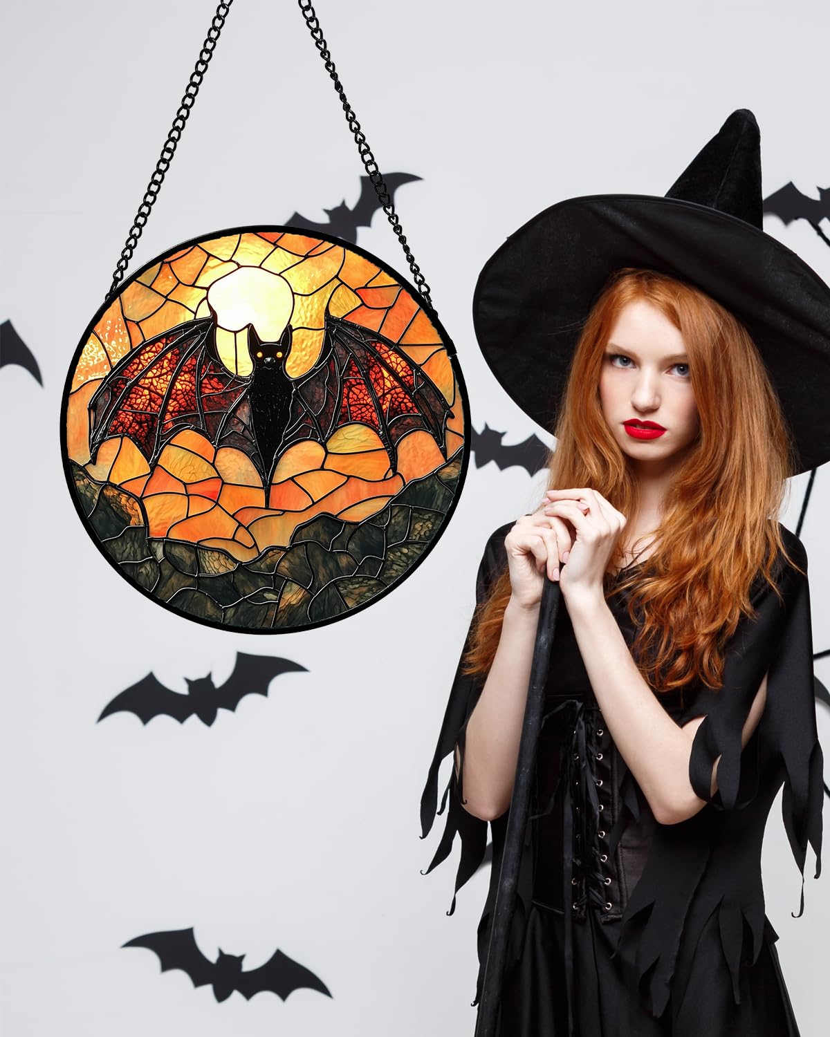 AMDERVEN Stained Glass Window Hanging, Black Bat Sun Catcher for Door Home Decor Animal Suncatcher Christmas Mother's Day Birthday Gifts for Women Men Mom and Nana 9.8 in