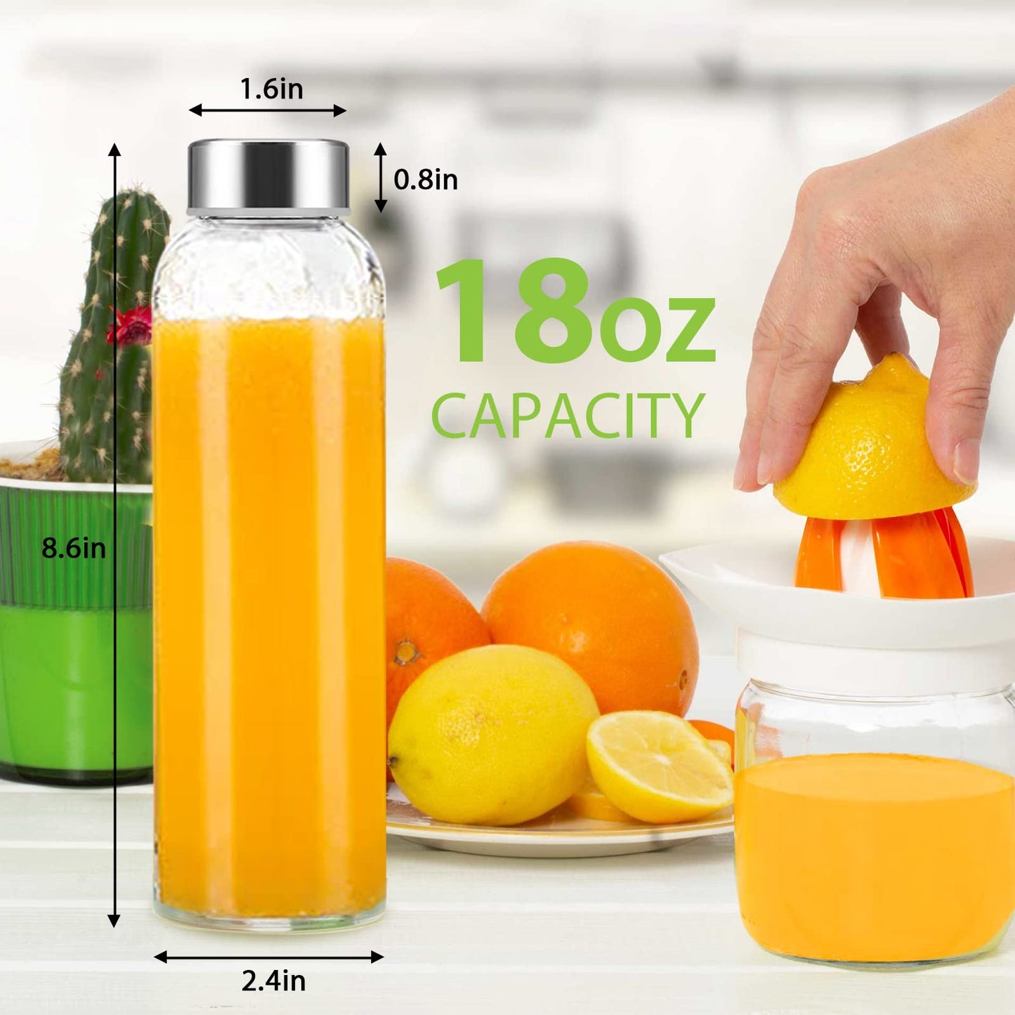 Luxfuel Clear Glass Bottles with Lids 18 oz, Reusable Glass Water Bottles with Stainless Steel Cap for Juicing, Refrigerator,100% Leak Proof, BPA Free, Juice Water Bottle Set of 10