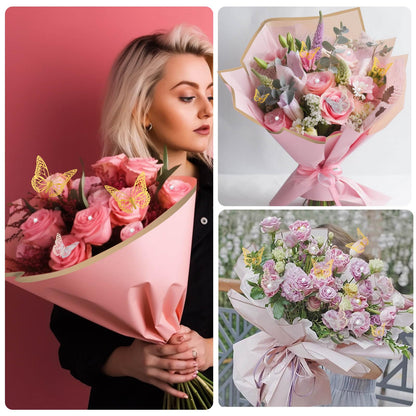 Thrilez 187PCS Flower Bouquet Wrapping Paper Kit Includes 40 Floral Paper, 24 Butterflies, 100 Bouquet Pins, 3 Ribbons and 20 Greeting Cards for Mother's Day Wedding Baby Shower Graduation
