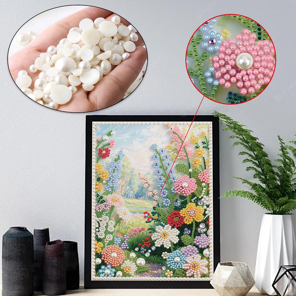 DIADAY 5D DIY Pearl Painting Kit for Adults, Floral Pearl Art with Diamond Special Shape Rhinestones, 3D Relief Beads Craft Home Wall Decor Gift, 12 x 16 Inches