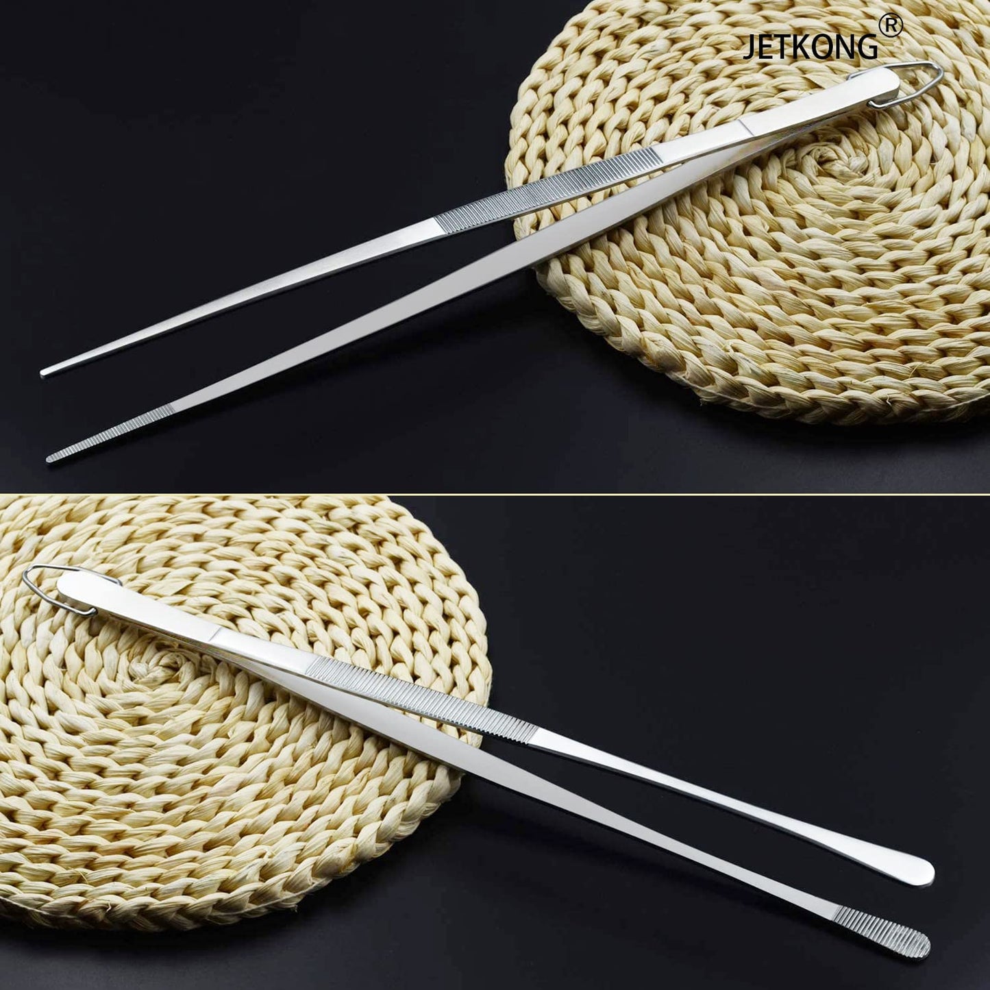JETKONG 2 Pcs 12-Inch Kitchen Tweezers Fine Tweezer Tongs, Extra-Long Stainless Steel Cooking Tweezers (Silver)
