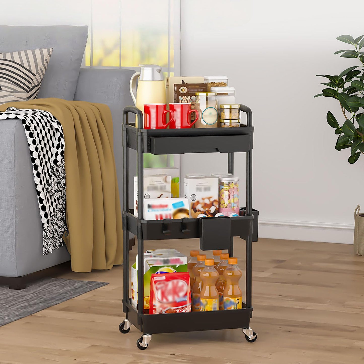LLMRR 3 Tier Rolling Utility Cart with Drawer, Plastic Storage Organizer Rolling Carts with Wheels Handles Hanging Cups Hooks for Office, Bathroom, Kitchen,Craft Art Room (Black)