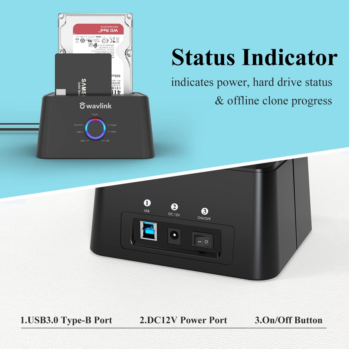 WAVLINK USB 3.0 and USB C to SATA Dual-Bay External Hard Drive Docking Station for 2.5/3.5 Inch HDD/SSD with UASP (6Gbps), Support Offline Clone/Duplicator Function [16TB X2 ]-Black