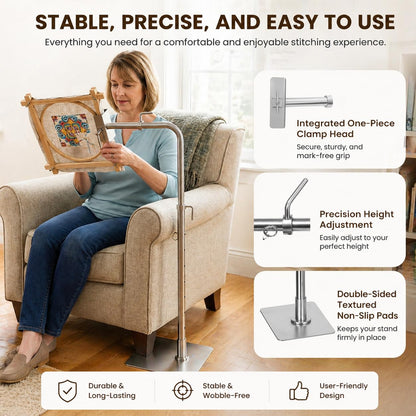 Workstand with Side Clamp for Lowery Stands, 360° Adjustable Needlepoint Stand with Dual Anti Slip Pads, Metal Embroidery Stand Frame Holder, Fits Q Snap Frames and Scroll Rods up to 20" Wide