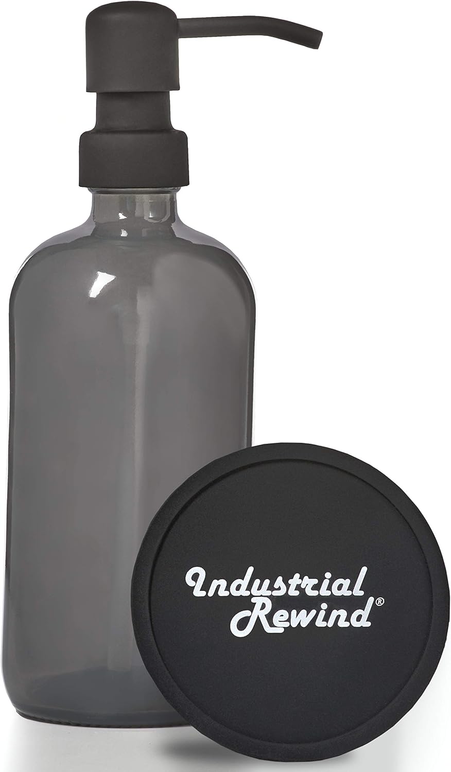 Gray Soap Dispenser with Black Pump, Non-Slip Coaster, Semi Translucent Smokey Grey 16oz Glass Bottle