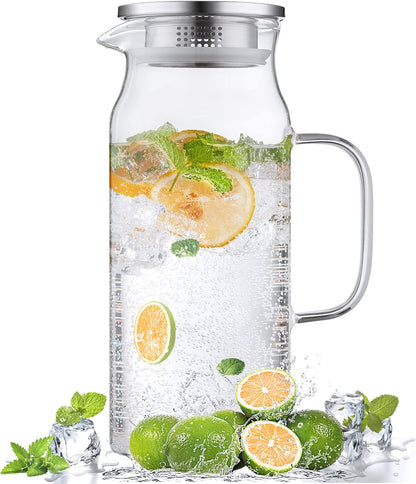 2 68 oz Bivvclaz Liter Glass Pitcher with Lid and Handle, Glass Carafe for Hot/Cold Water, Large Iced Tea Pitcher