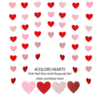 Heart Garland Banner Valentines Decorations- Valentines Galentines Day, Pink Rose Gold Burgundy Red Party Hanging Décor- 52ft Pre-Strung Paper Hearts Garland Streamers for Bridal Shower Party, NO DIY