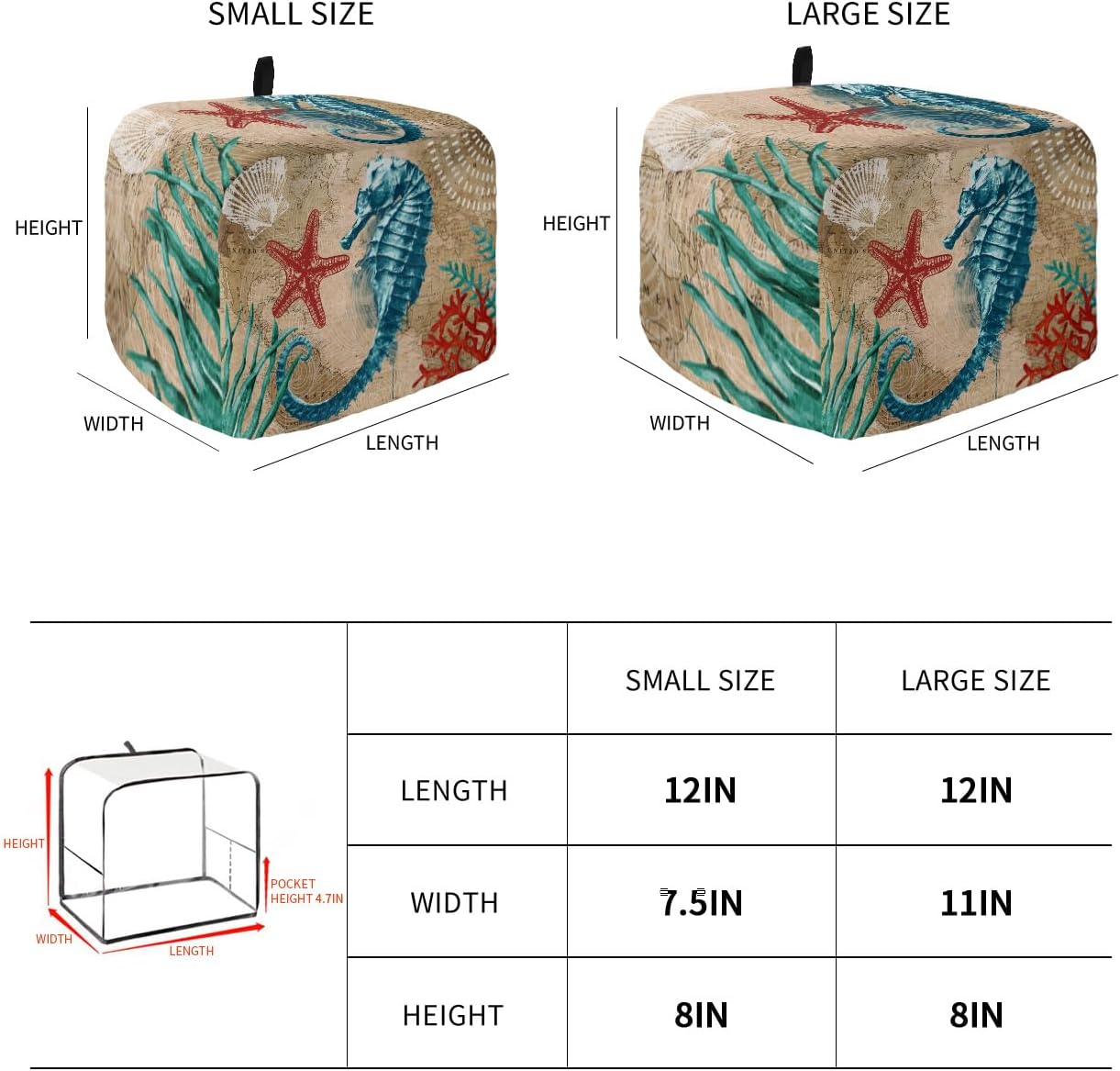 Nautical Theme Toaster Dust Cover with Pockets, Blue Seahorse and Seaweed Soft Washable Cover for 4 Slice Toaster