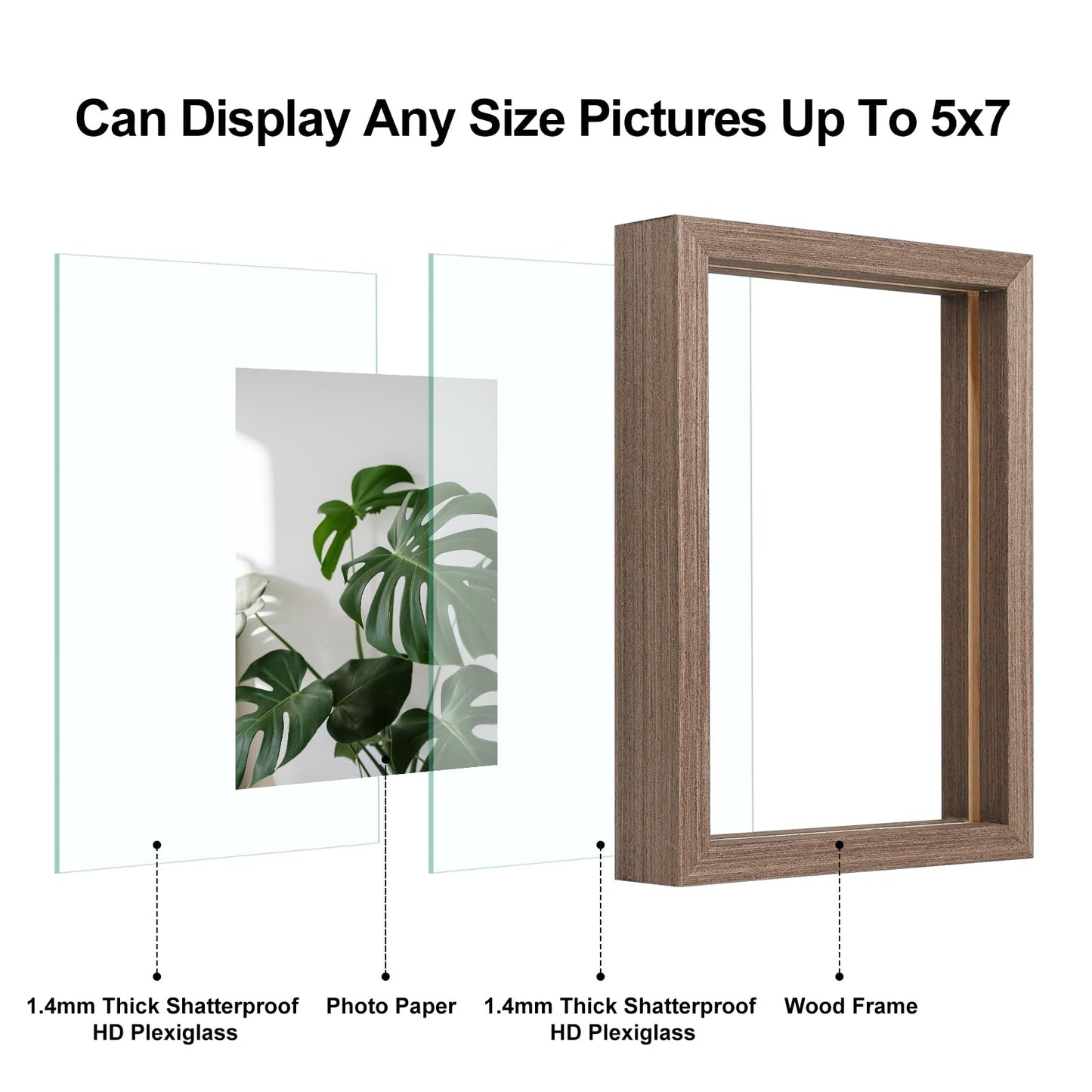 Egofine 5x7 Floating Frames Set of 2, Double Plexiglass Picture Frame, Made of Solid Wood Display Any Size Photo up to 5x7, Wall Mount or Tabletop Standing, Brown