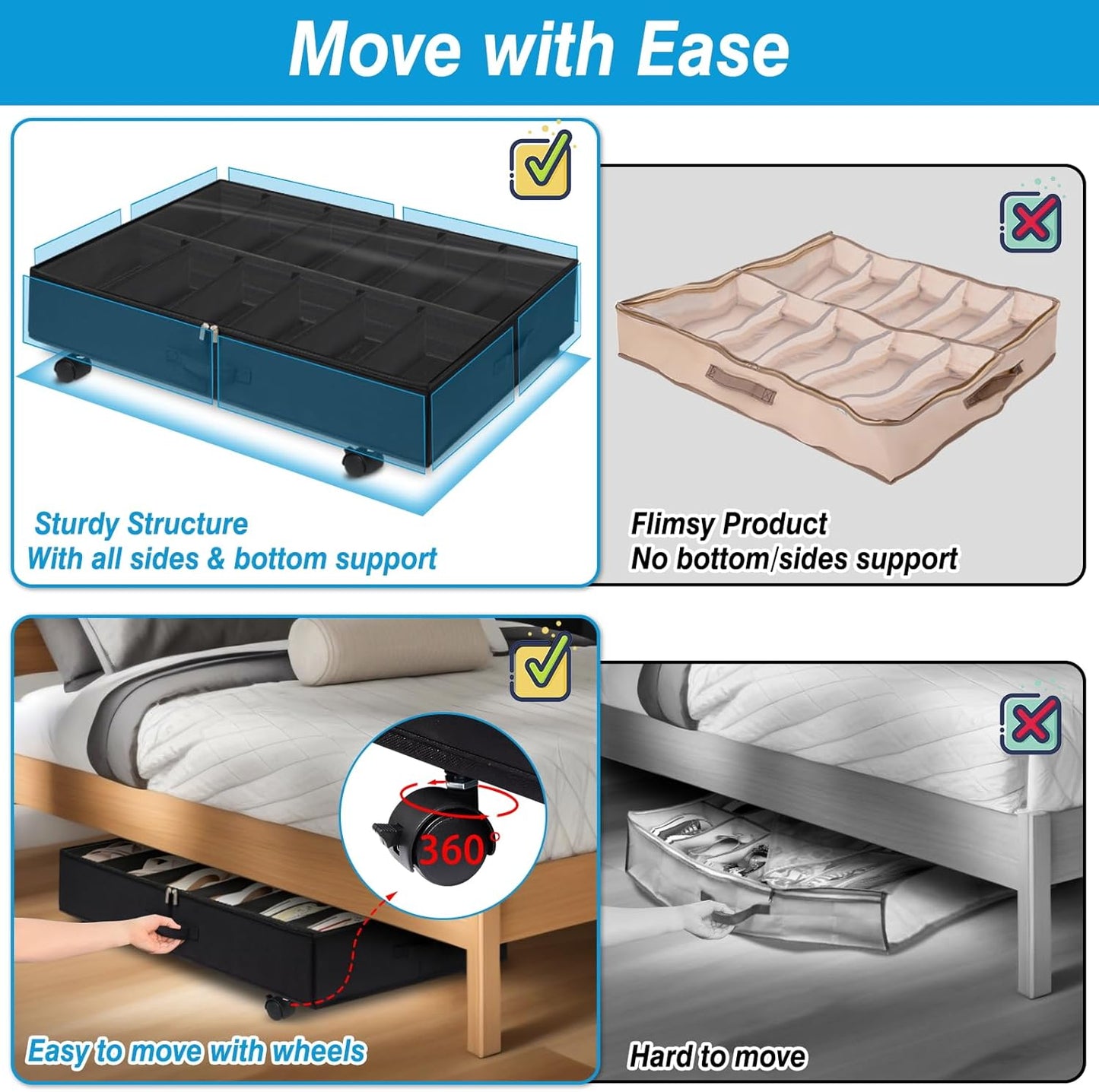 Under Bed Shoe Storage Organizer with Wheels (Black) - Dustproof Storage with 10 Adjustable Dividers, 7.9 in Tall