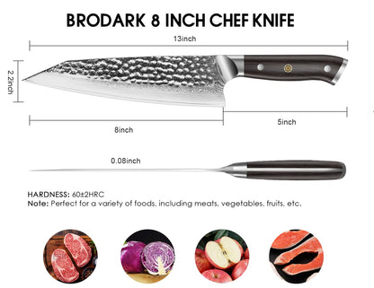 BRODARK Japanese Chef Knife, Damascus Chef Knife 8 inch with Japanese VG-10 Steel Core, Ultra-Sharp Professional Kitchen Knife, Handcrafted with Ebony Wood Handle, Holiday Gifts