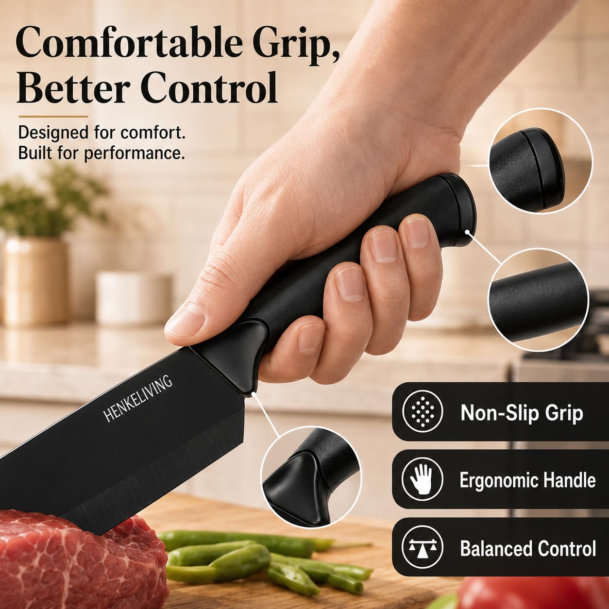 HENKELIVING Knife Set, 14-Piece Black Dishwasher Safe Kitchen Knife Block Set with Built-In Sharpener, German High Carbon Stainless Steel Blades, Ultra Sharp Knives with Ergonomic Non-Slip Handles