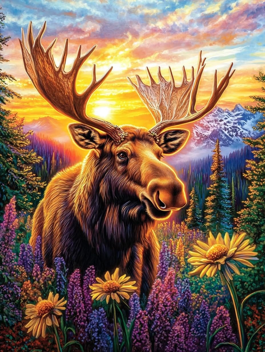 5D Sunset Moose Diamond Art 12x16 Inch Full Drill Diamond Painting Kits for Adults & Beginners - DIY Art Crafts for Relaxation and Home Wall Decor 1
