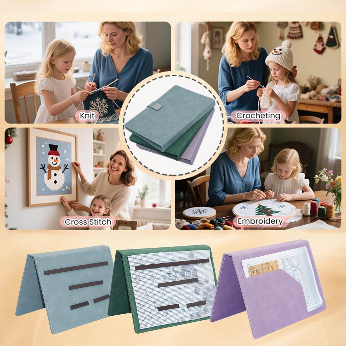 Cowenhey Knitting Pattern Holder with Pocket, Knitting Chart Holder with 4 Replacement Magnets, Holder Foldable Knitting Chart Keeper for Fixed Crochet Pattern on Knitting Pattern (Green)