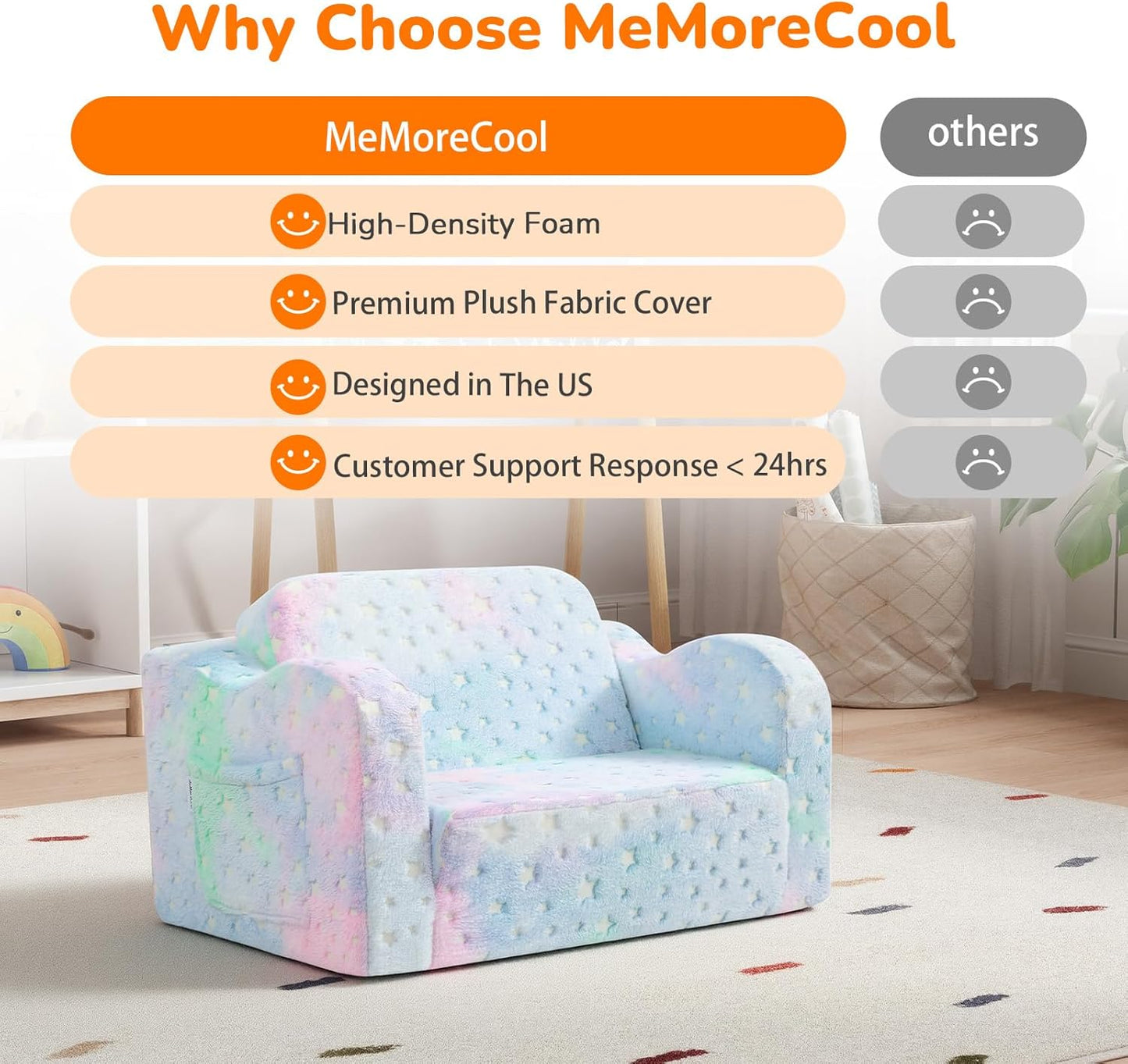 2-in-1 MeMoreCool Glowing Pastel Rainbow Kids Chair, Foldable Kids Couch and Kids Sofa for Playroom Nursery, Soft Foam