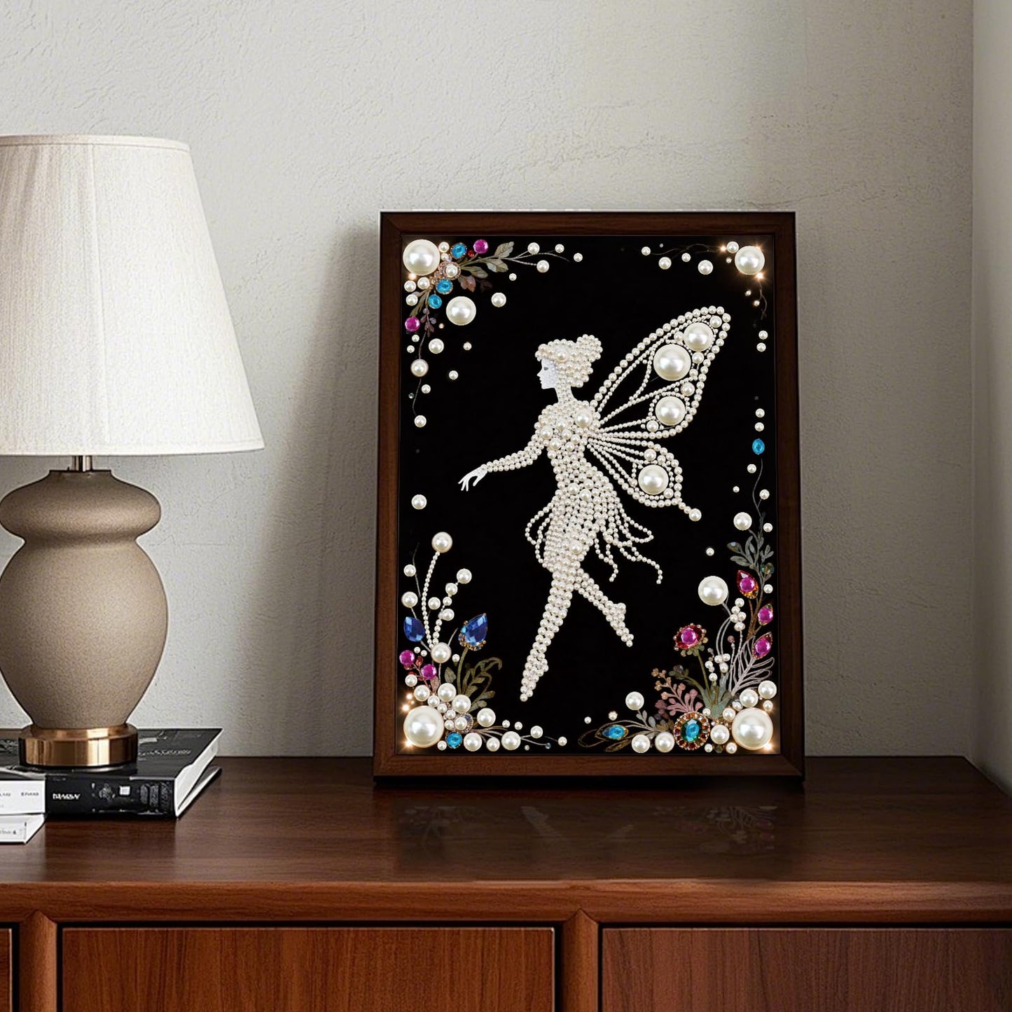 Focart DIY Pearl Diamond Painting Black and White Art Kits, Butterfly Fairy Pattern Round Half Pearls Rhinestones Diamond Dots Paintings Arts Craft Gift Home Decor for Beginners 15.74x11.8in