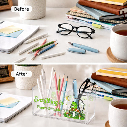 UAKXOIF Everything Is Figureoutable 3 Compartment Makeup Organizer & Pen Holder, Cute Frog Inspirational Cosmetic Storage Box for Lipstick Brushes Skincare, Desk Organizer for Office School Vanity
