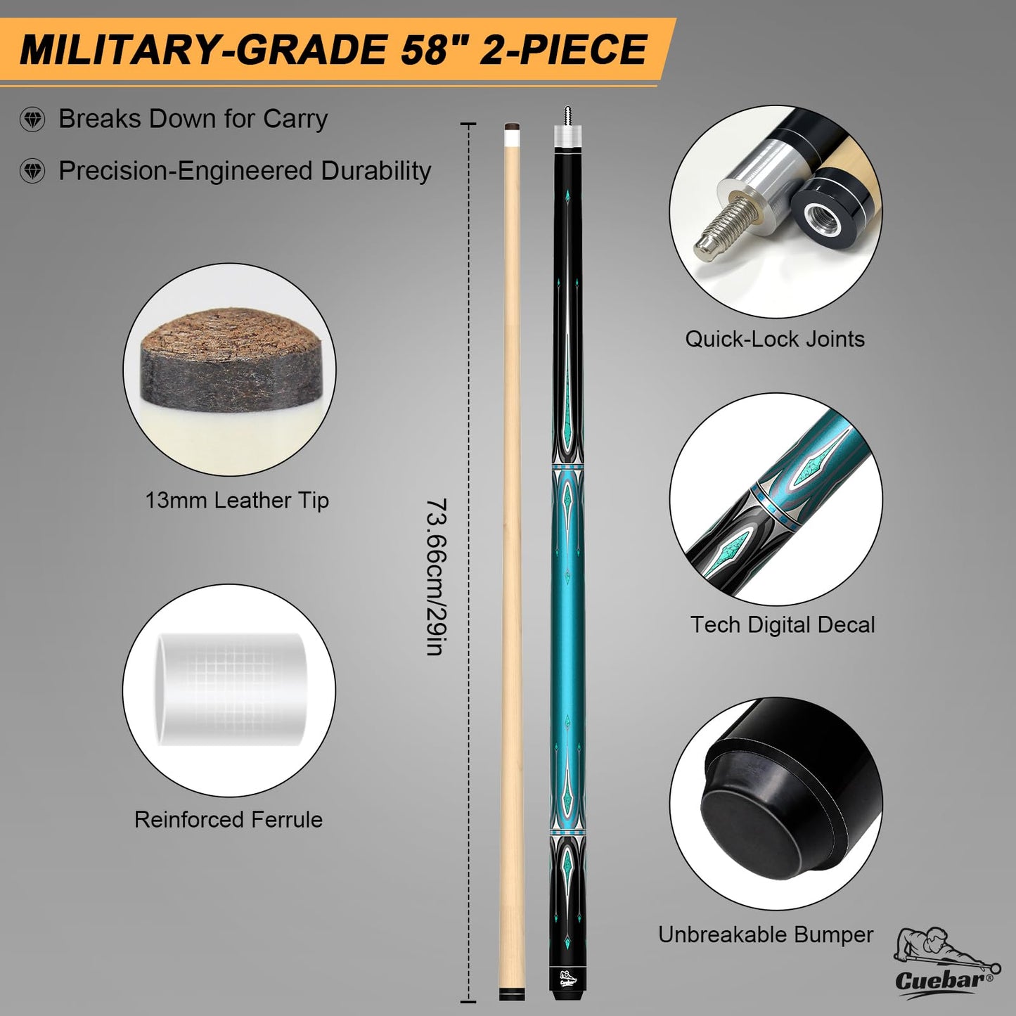 CUEBAR Pool Cue Stick 58 Inch 2-Piece Billiard Cue with Geometric Sword Inlays, Unwrapped Grip, Maple Shaft, 13mm Tip (Teal 19 Oz)