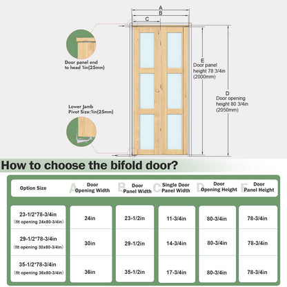 Roymelo Bifold Doors for 36"×80" Opening, Sliding Interior Tempered Frosted Glass Closet Folding Barn Door with Concealed Hardware Kit Included, 3-Panel Frosted Glass, Preassembled Door, DIY staining