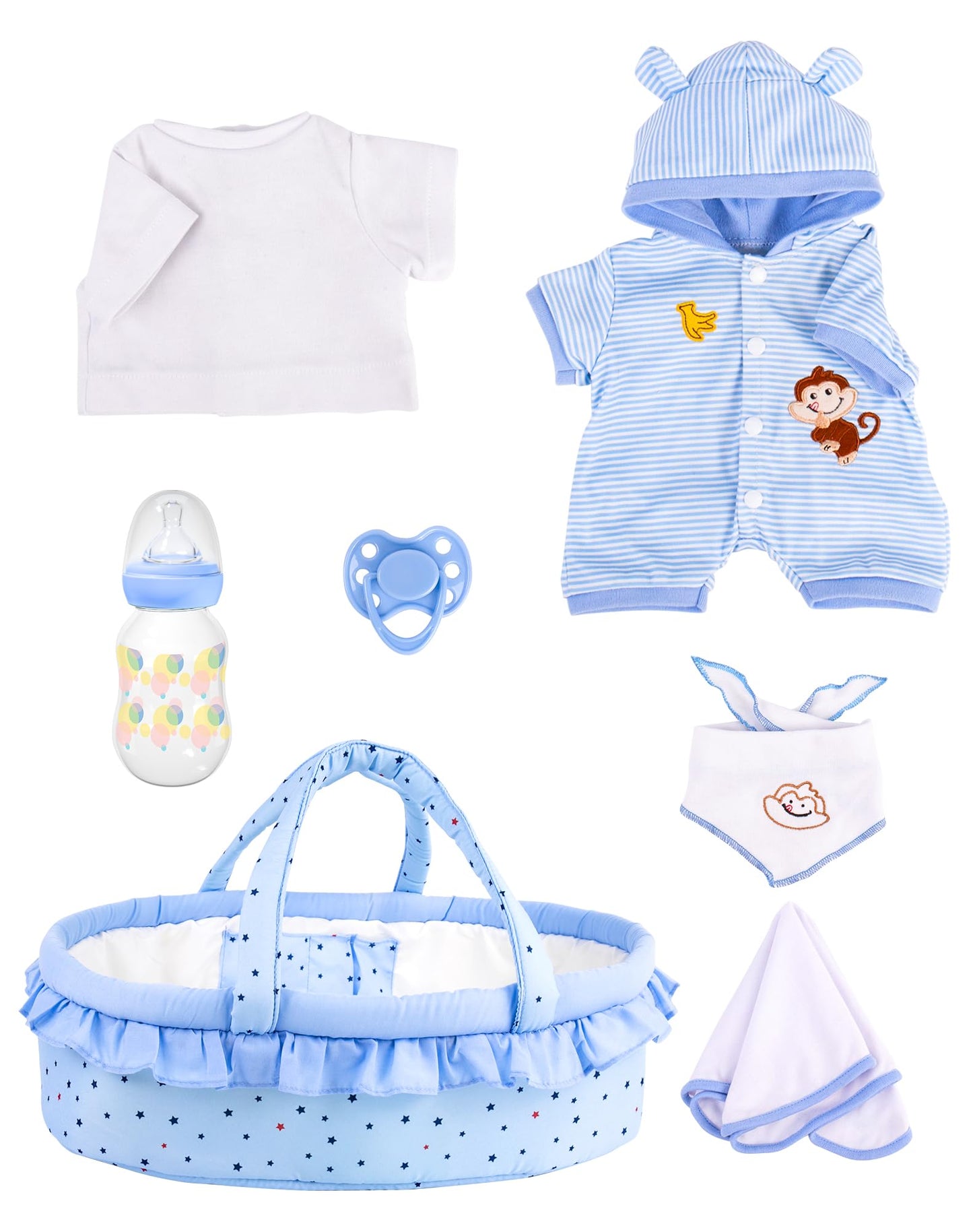 Aori 7 Pcs Reborn Baby Dolls Outfit Set with Bassinet Accessories for 16-18 Inch Newborn Doll, Blue Carrier Bed and Baby Clothes fit Newborn Doll