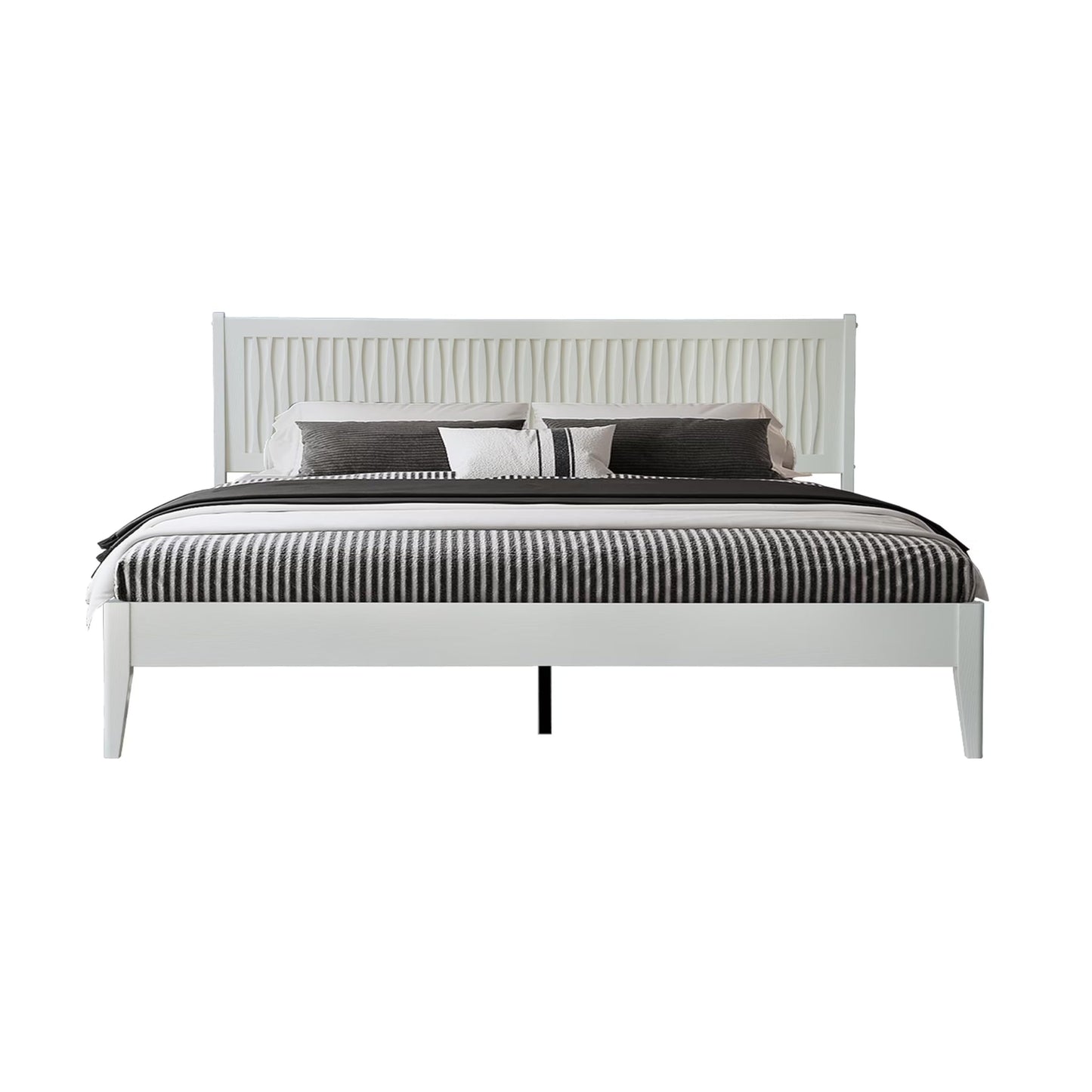 Queen Size Solid Wood Platform Bed Frame with Headboard and Footboard, Noise-Free & Anti-Slip Design, Center Metal Legs, 12 Heavy-Duty Slats, No Box Spring Needed, Pure White Finish, OLQ-39