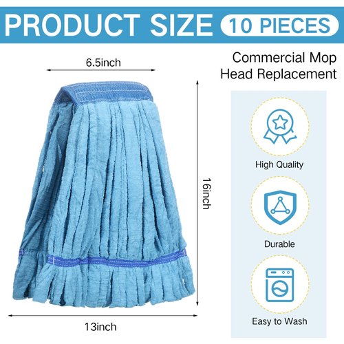 Lallisa 10 Pcs Commercial Mop Head Replacement Tube Microfiber Mop Heads for Floor Cleaning Industrial Mop Heads Looped End Wet Mop Head Refill for Home Commercial Industrial Use (Blue,18 oz)