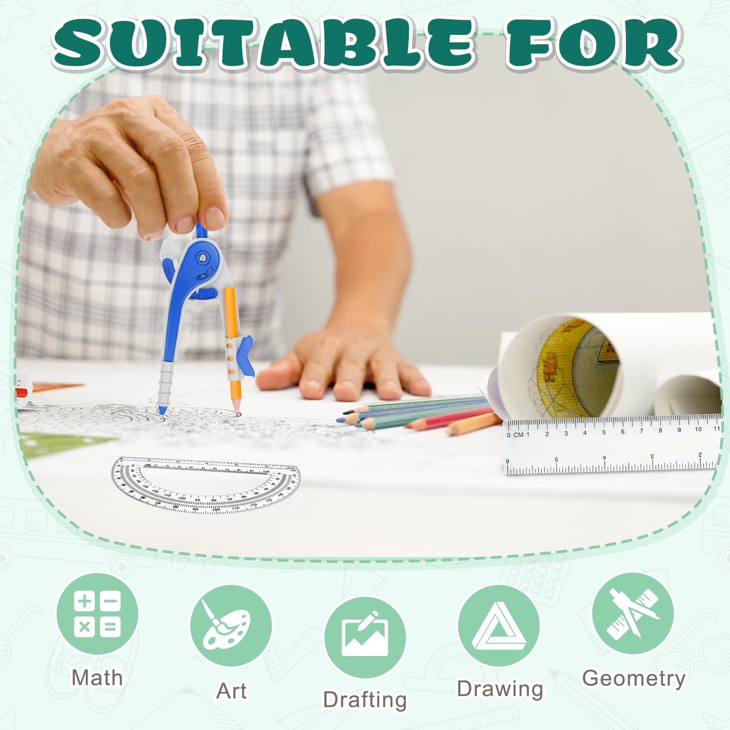 Zealor 72 Pack Math Compass & Protractor Geometry Math Plastic Ruler Set Drawing Compass with Pencils 6 Inch Plastic Protractor for Geometry Bulk for Office Woodworking Art Drawing
