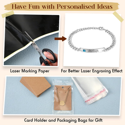 Quelay 99 Pcs Laser Engraving Materials Bulk Include 46 Jewelry Making Engraving Accessories Kit Necklace Bracelet Ring Keychain with Laser Marking Paper for Laser Engraver DIY Crafting Supplies