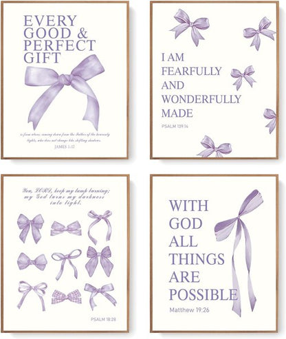 LARTSFRO Coquette Purple Bow Wall Art Decor - Inspirational Bible Verses | Set of 4 Unframed 10x8 Inch Prints for Teen Girls' Rooms
