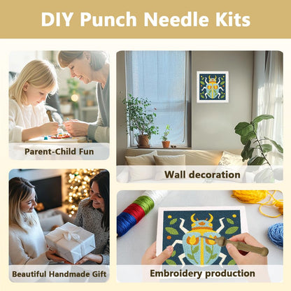 Doodlream Beetle DIY Punch Needle Embroidery Kit for Adult Beginner, 9.4" Scarab Flower Animal Punch Stitching Craft Set for Starter with Frame, Fabric Pattern, Threader, Yarn, Pinch Needle