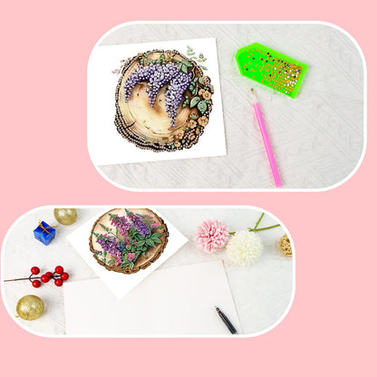 SHEGZHUC 6 Pack Diamond Painting Gift Card Lilacs Tree Stump, Diamond Art Kits for Adults Flowers Purple, Birthday Wedding Anniversary Greeting Get Well Congratulations Thank You Cards with Envelopes