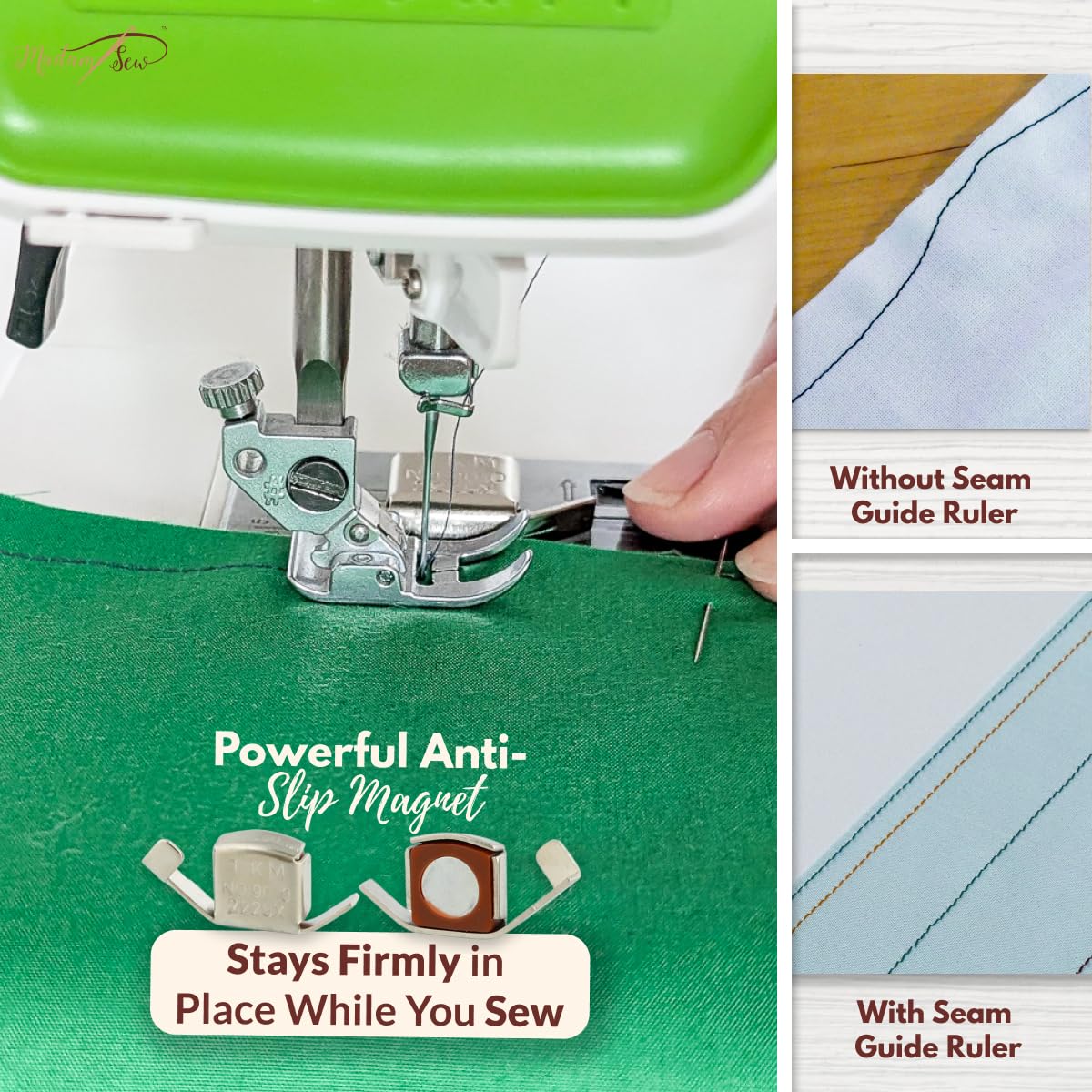 Madam Sew Seam Allowance Ruler & Magnetic Seam Guide for Sewing Machine | Perforated Seam Guide Ruler & Gauge for Perfect 1/8”- 2” Straight Line Hems | Includes 1/4” Pivot Point & 45 Degree Trim Line