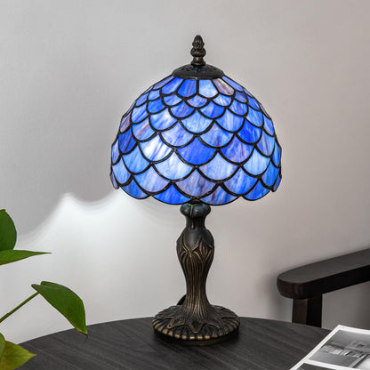 GILGGAK Small Tiffany Stained Glass Table Lamp Wisteria Style Lampshade Nightstand Light for Bedroom Dorm Living Hallway Coffee Table Office Housewarming Gift 8X8X15 (Blue Purple Fish Scales)